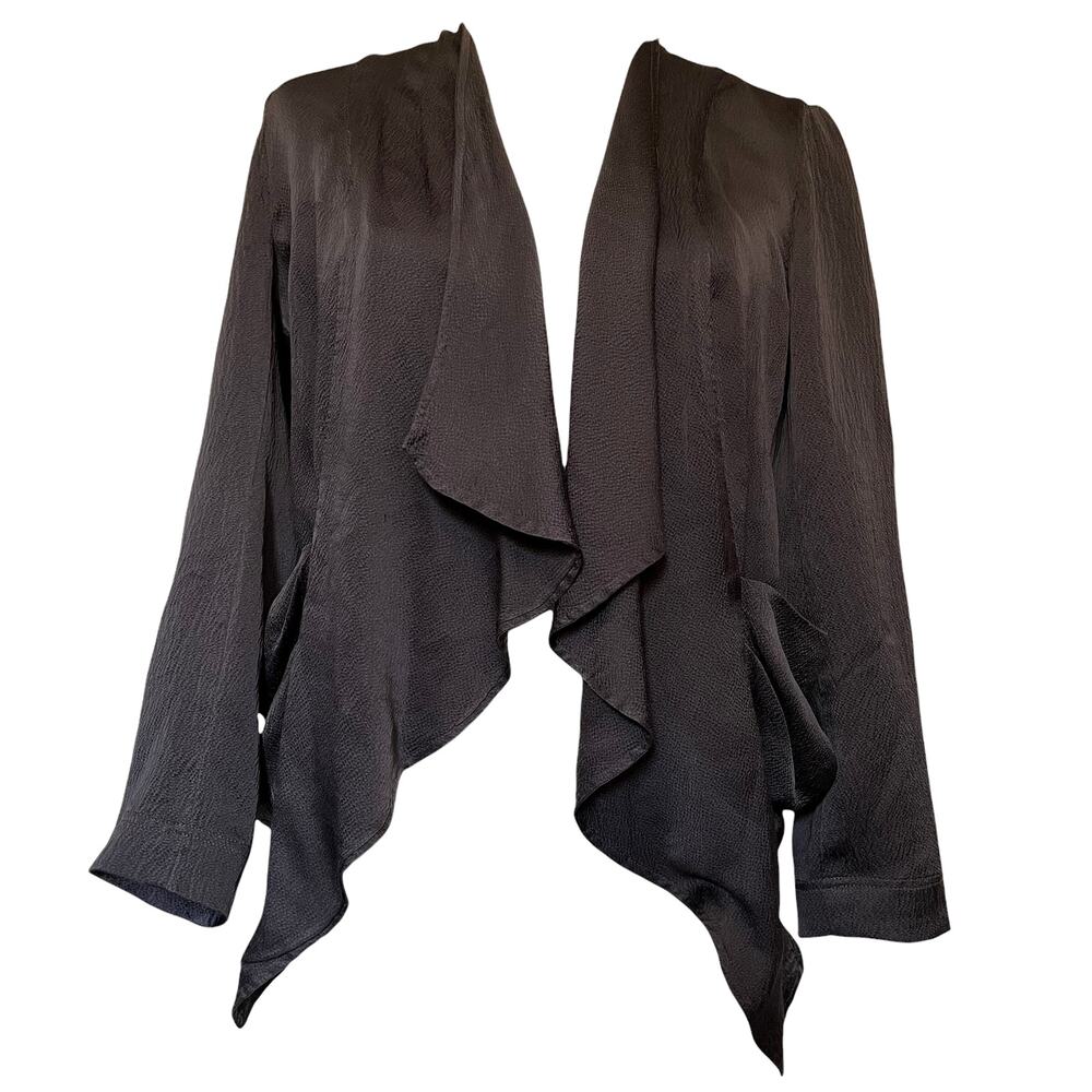 Hinge 100% Silk Open Front Womens Jacket Size XS Black Textured Pockets Flutter